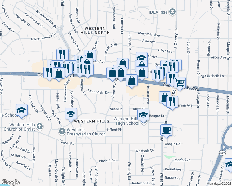 map of restaurants, bars, coffee shops, grocery stores, and more near 3416 Slade Boulevard in Fort Worth
