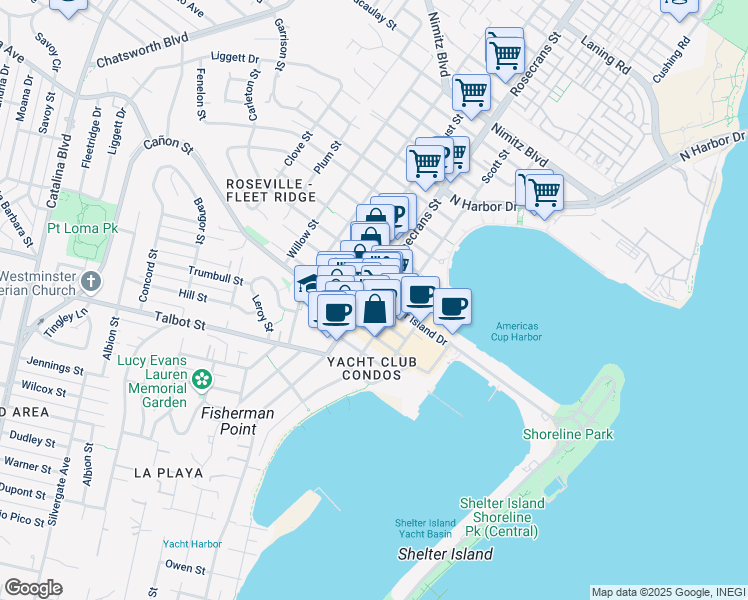 map of restaurants, bars, coffee shops, grocery stores, and more near 1175 Rosecrans Street in San Diego