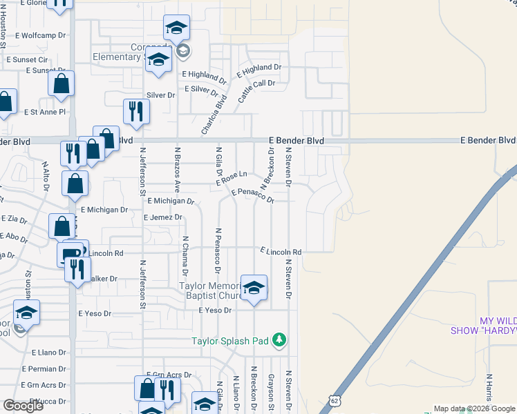 map of restaurants, bars, coffee shops, grocery stores, and more near 1703 East Penasco Drive in Hobbs