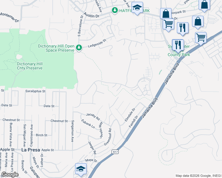 map of restaurants, bars, coffee shops, grocery stores, and more near 10420 Artesian Springs Court in Spring Valley