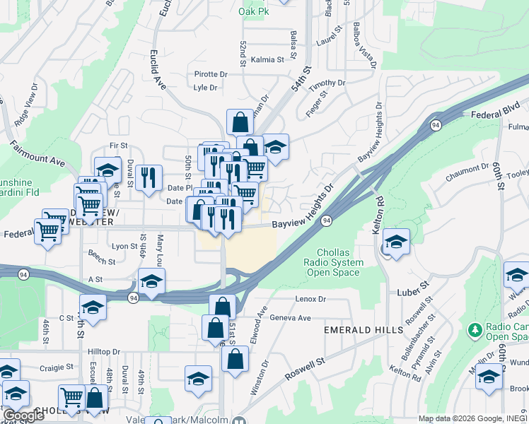 map of restaurants, bars, coffee shops, grocery stores, and more near 1625 Pentecost Way in San Diego