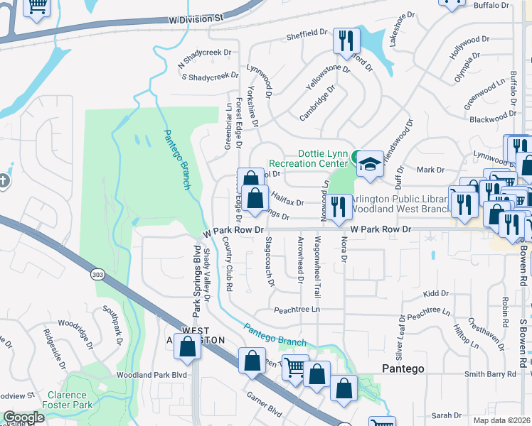 map of restaurants, bars, coffee shops, grocery stores, and more near 3511 Hastings Drive in Arlington