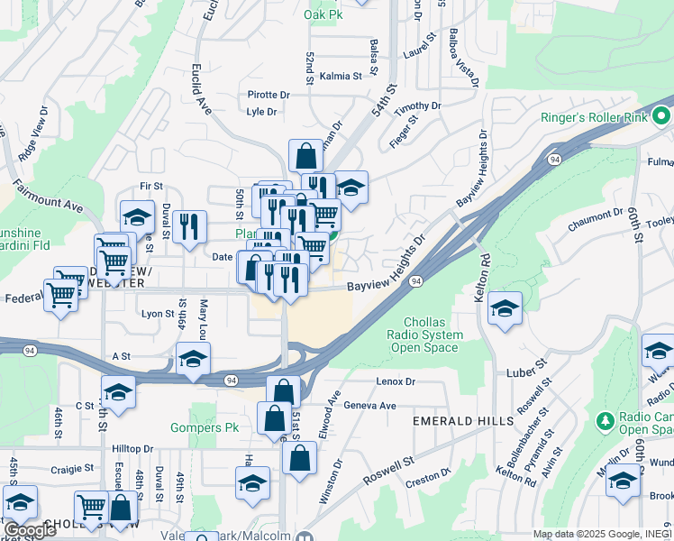 map of restaurants, bars, coffee shops, grocery stores, and more near 1643 Pentecost Way in San Diego
