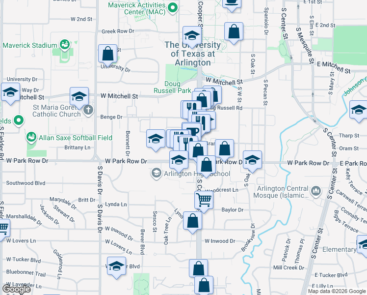 map of restaurants, bars, coffee shops, grocery stores, and more near 709 Grand Court in Arlington