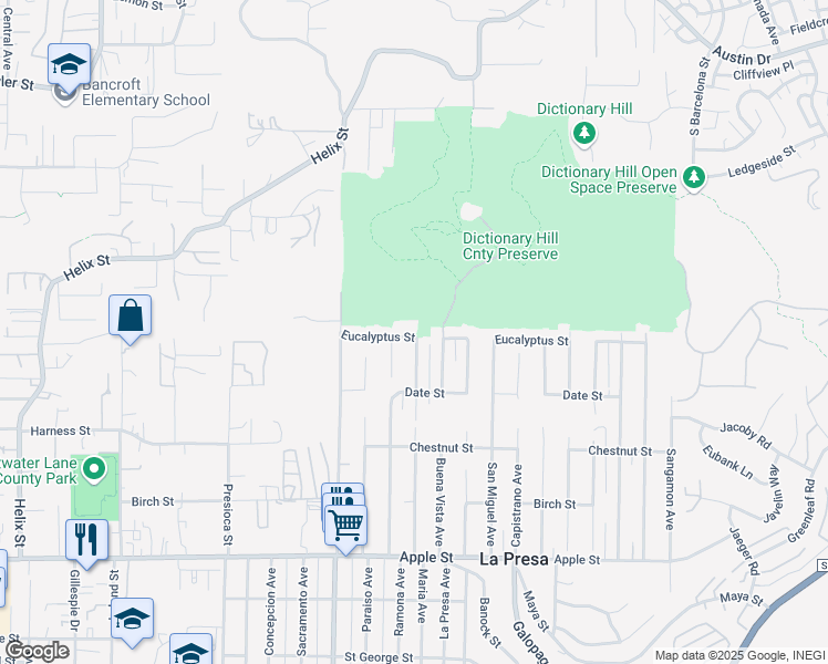 map of restaurants, bars, coffee shops, grocery stores, and more near 9492 Eucalyptus Street in Spring Valley