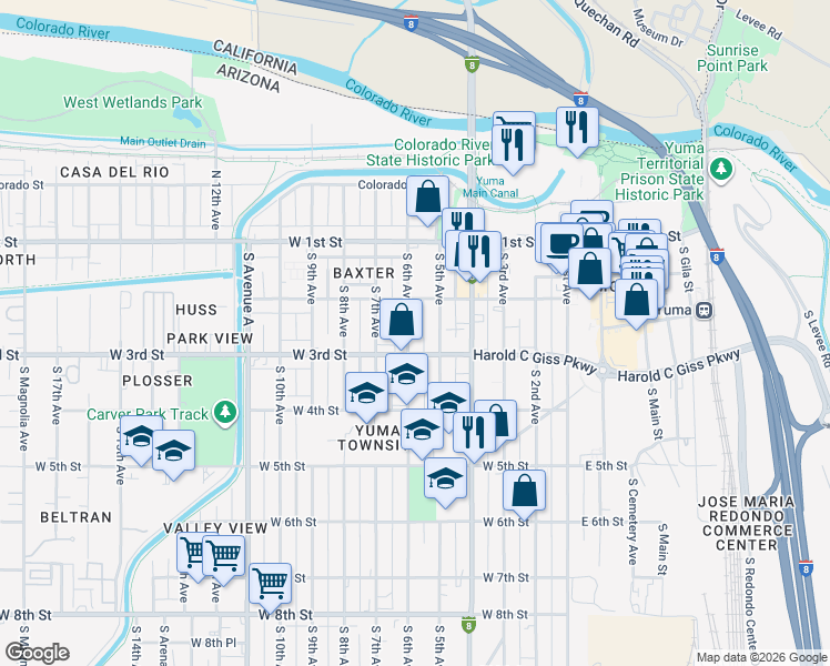 map of restaurants, bars, coffee shops, grocery stores, and more near 221-253 South 6th Avenue in Yuma