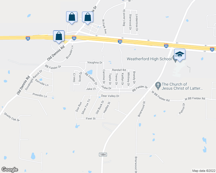 map of restaurants, bars, coffee shops, grocery stores, and more near 2242 Taylor Drive in Weatherford