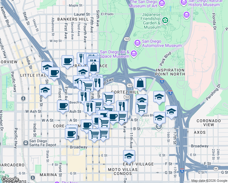 map of restaurants, bars, coffee shops, grocery stores, and more near 1609 8th Avenue in San Diego
