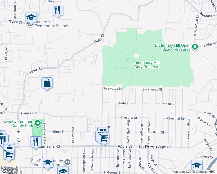 map of restaurants, bars, coffee shops, grocery stores, and more near 9428 Eucalyptus Street in Spring Valley