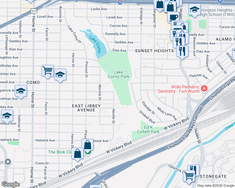 map of restaurants, bars, coffee shops, grocery stores, and more near 5029 Kilpatrick Avenue in Fort Worth