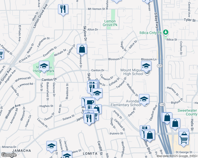 map of restaurants, bars, coffee shops, grocery stores, and more near 1623 Drexel Drive in Lemon Grove