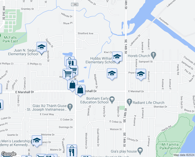 map of restaurants, bars, coffee shops, grocery stores, and more near 1732 Ridgemar Drive in Grand Prairie