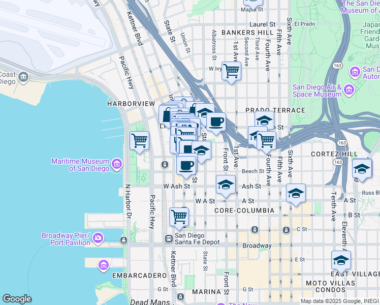 map of restaurants, bars, coffee shops, grocery stores, and more near 1601 India Street in San Diego