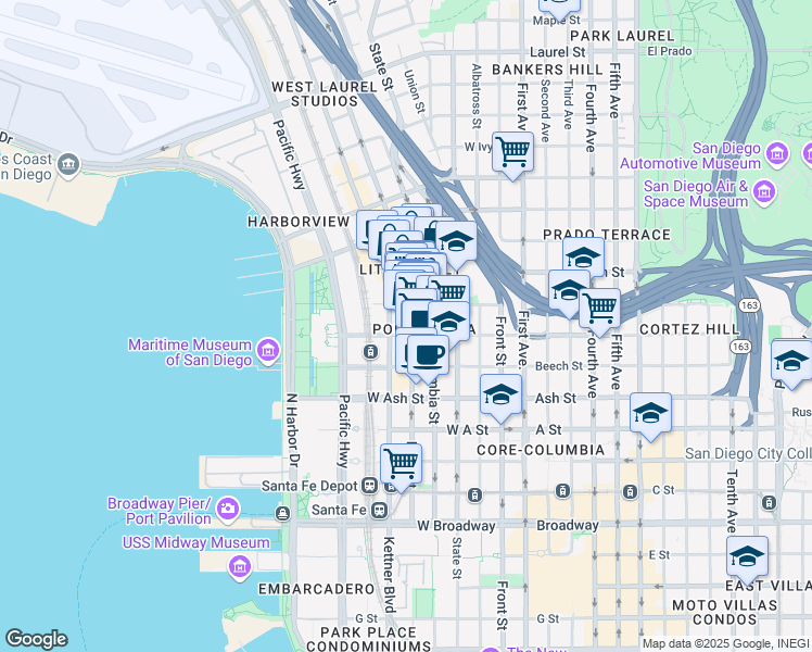map of restaurants, bars, coffee shops, grocery stores, and more near in San Diego