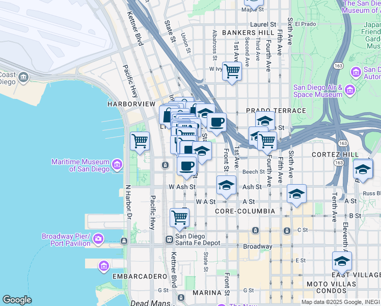 map of restaurants, bars, coffee shops, grocery stores, and more near 1601 India Street in San Diego