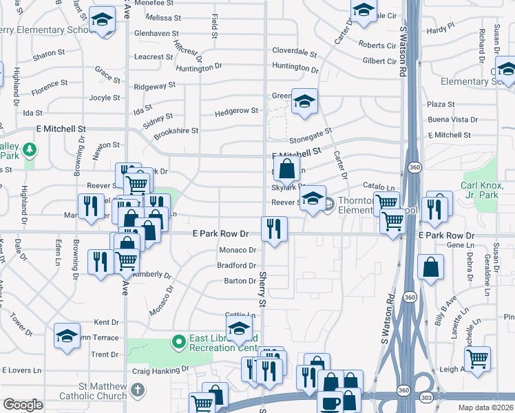 map of restaurants, bars, coffee shops, grocery stores, and more near 2116 Reever Street in Arlington