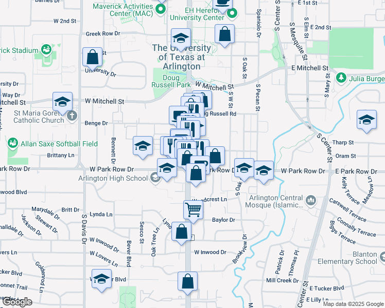 map of restaurants, bars, coffee shops, grocery stores, and more near 1401 South Cooper Street in Arlington