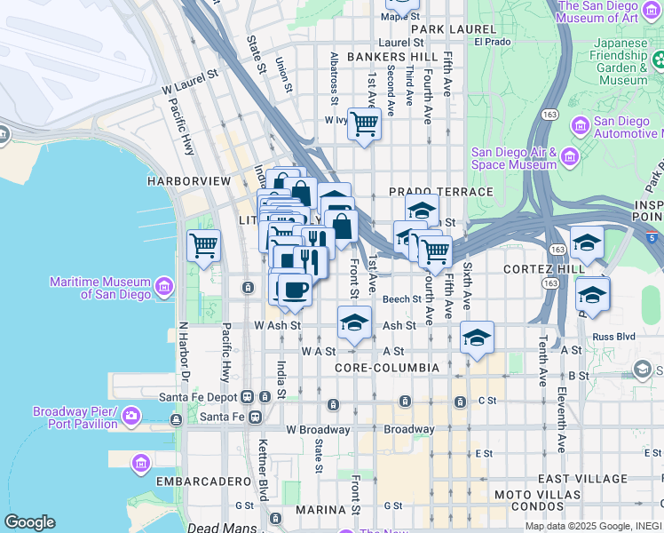 map of restaurants, bars, coffee shops, grocery stores, and more near 1620 Union Street in San Diego