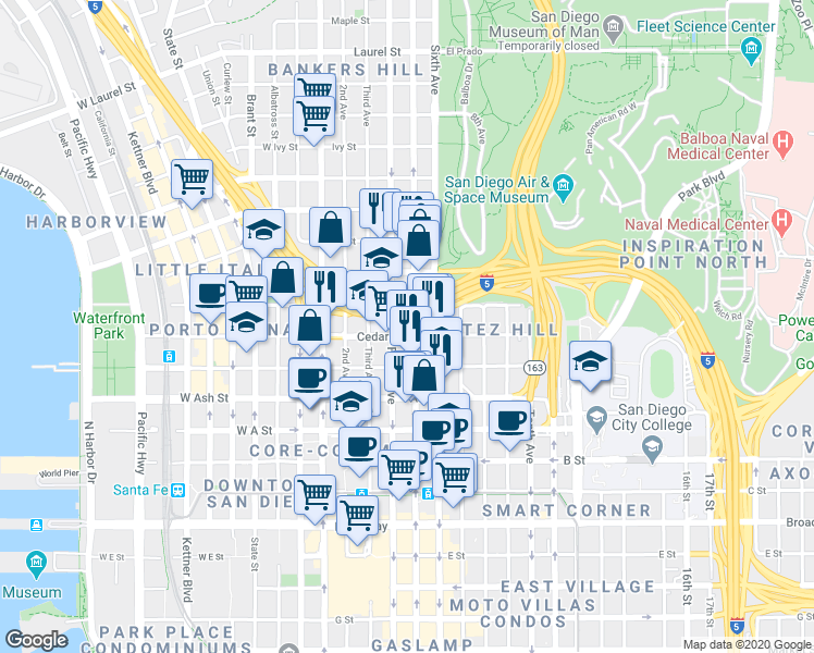 map of restaurants, bars, coffee shops, grocery stores, and more near 1620 Fifth Avenue in San Diego