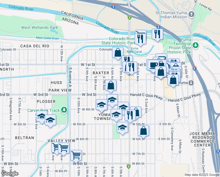 map of restaurants, bars, coffee shops, grocery stores, and more near 221-253 South 6th Avenue in Yuma