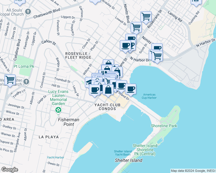 map of restaurants, bars, coffee shops, grocery stores, and more near 1175 Rosecrans Street in San Diego