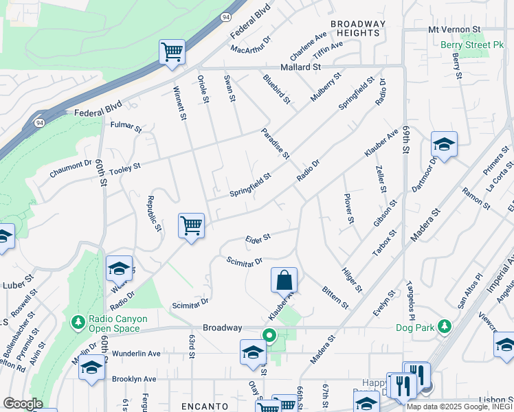 map of restaurants, bars, coffee shops, grocery stores, and more near 6438 Radio Drive in San Diego