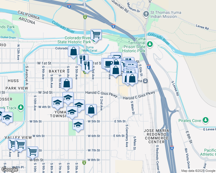 map of restaurants, bars, coffee shops, grocery stores, and more near 256 South 1st Avenue in Yuma