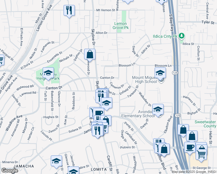 map of restaurants, bars, coffee shops, grocery stores, and more near 1623 Drexel Drive in Lemon Grove