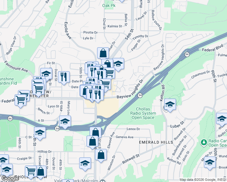 map of restaurants, bars, coffee shops, grocery stores, and more near 1647 Pentecost Way in San Diego