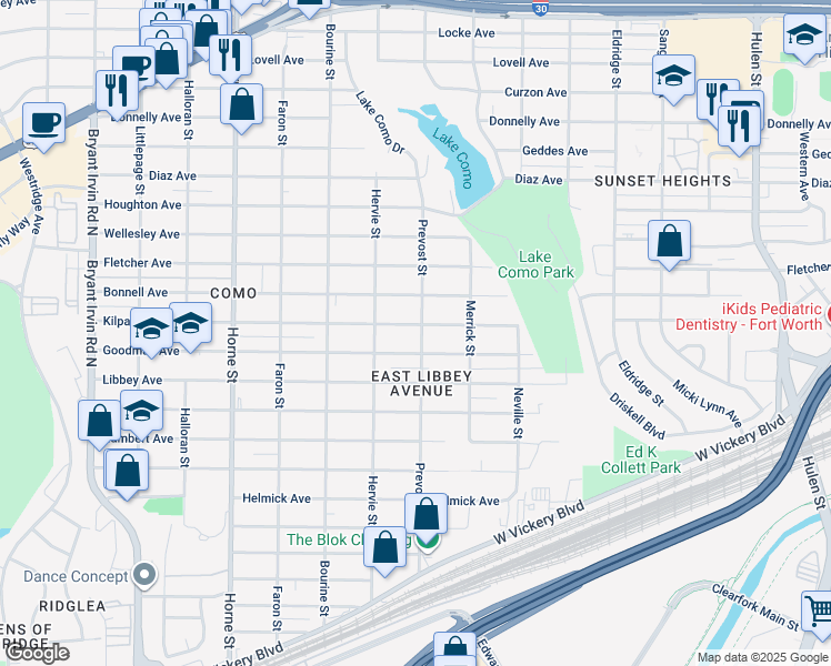 map of restaurants, bars, coffee shops, grocery stores, and more near 5307 Kilpatrick Avenue in Fort Worth