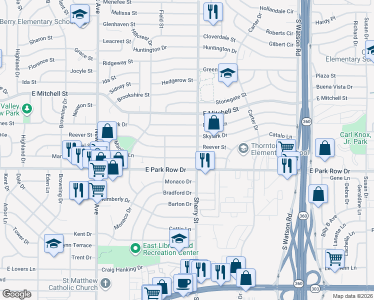 map of restaurants, bars, coffee shops, grocery stores, and more near 2116 Reever Street in Arlington