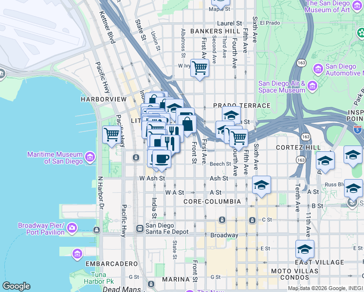 map of restaurants, bars, coffee shops, grocery stores, and more near 1620 Union Street in San Diego