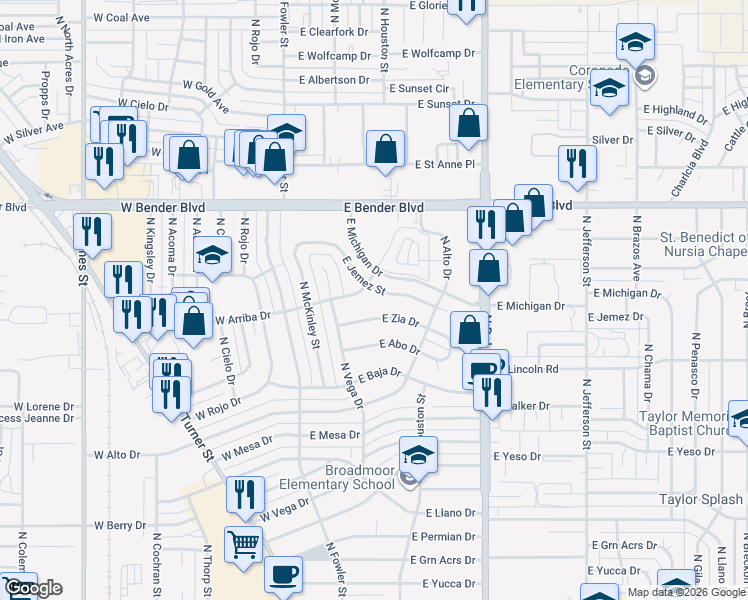 map of restaurants, bars, coffee shops, grocery stores, and more near 501 East Jemez Street in Hobbs