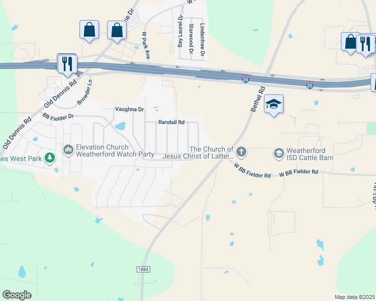 map of restaurants, bars, coffee shops, grocery stores, and more near 2254 Whitney Drive in Weatherford