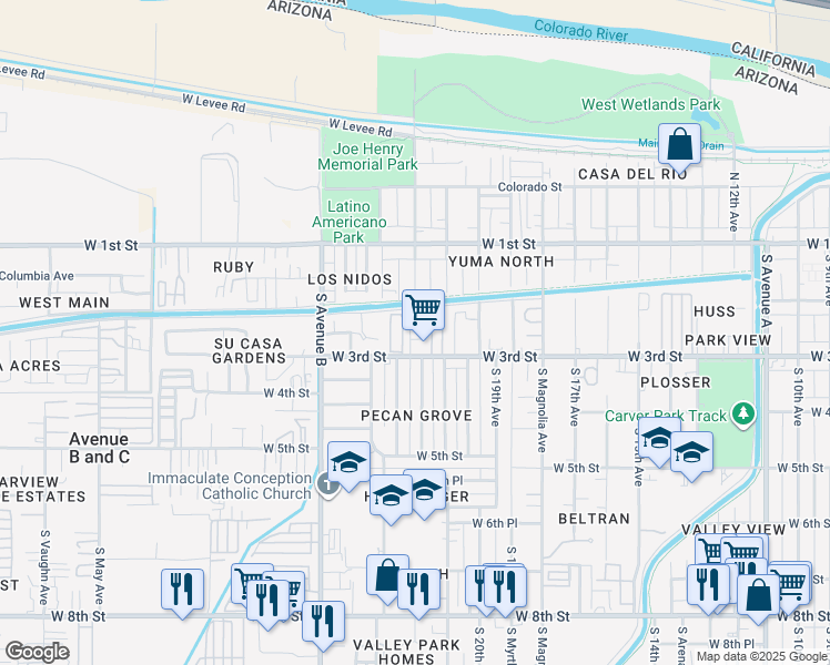 map of restaurants, bars, coffee shops, grocery stores, and more near 2200 West 3rd Street in Yuma