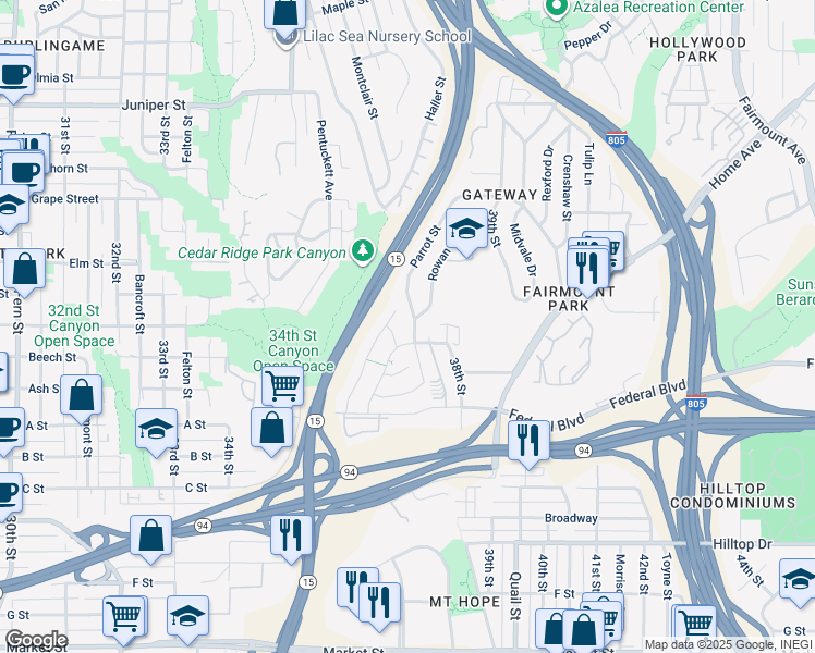 map of restaurants, bars, coffee shops, grocery stores, and more near 1630 Parrot Street in San Diego