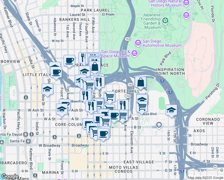 map of restaurants, bars, coffee shops, grocery stores, and more near in San Diego