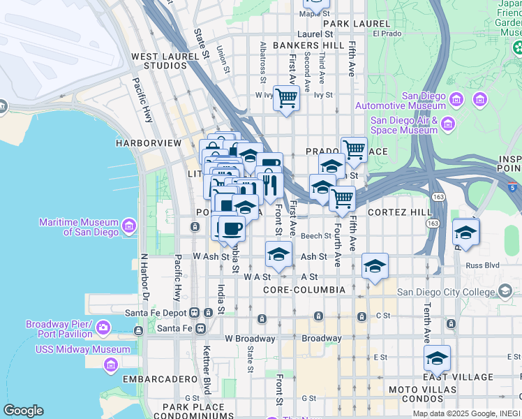 map of restaurants, bars, coffee shops, grocery stores, and more near 1631 State Street in San Diego