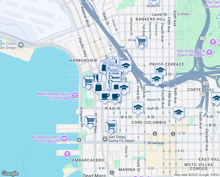map of restaurants, bars, coffee shops, grocery stores, and more near 1670 Kettner Boulevard in San Diego