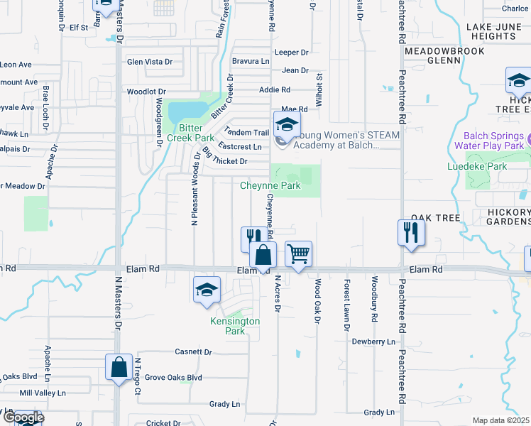map of restaurants, bars, coffee shops, grocery stores, and more near 628 Cheyenne Road in Dallas