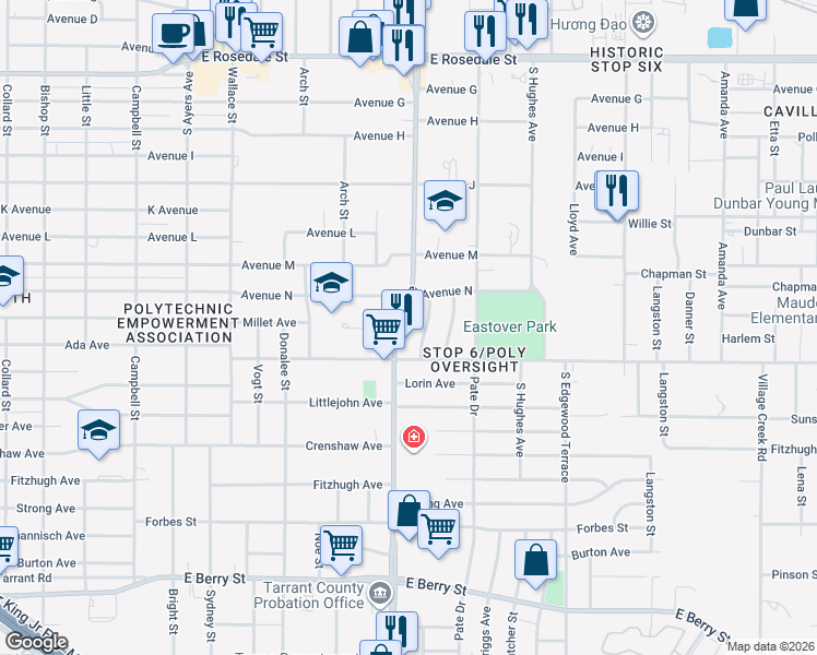 map of restaurants, bars, coffee shops, grocery stores, and more near 4133 Millet Avenue in Fort Worth