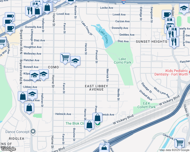 map of restaurants, bars, coffee shops, grocery stores, and more near 5307 Kilpatrick Avenue in Fort Worth