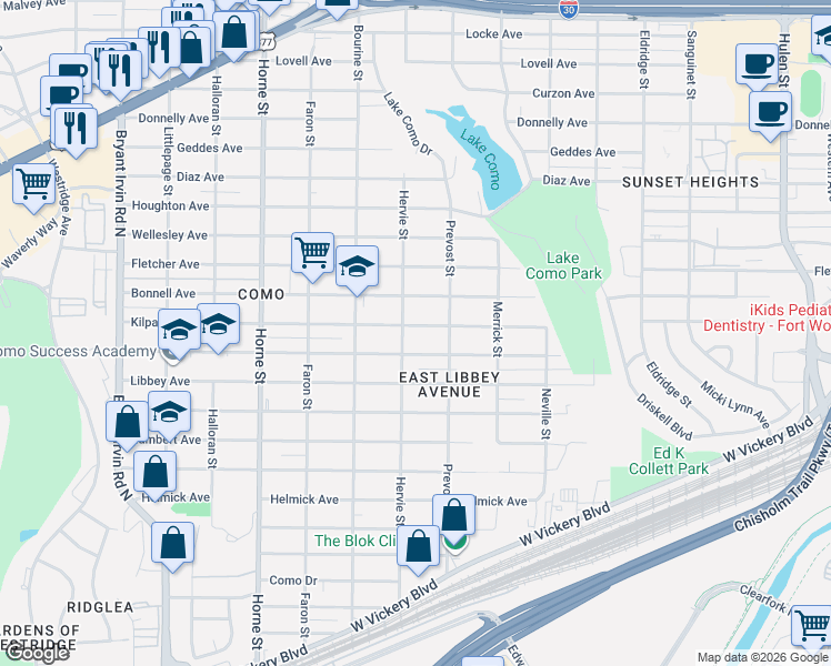 map of restaurants, bars, coffee shops, grocery stores, and more near 5337 Kilpatrick Avenue in Fort Worth