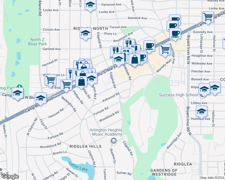 map of restaurants, bars, coffee shops, grocery stores, and more near 6466 Waverly Way in Fort Worth