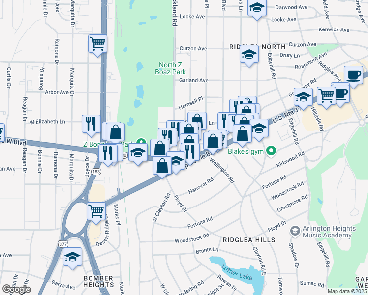 map of restaurants, bars, coffee shops, grocery stores, and more near 6732 Camp Bowie Boulevard in Fort Worth