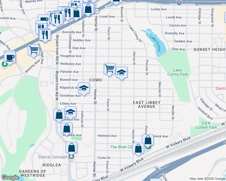 map of restaurants, bars, coffee shops, grocery stores, and more near 5525 Kilpatrick Avenue in Fort Worth