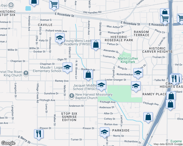 map of restaurants, bars, coffee shops, grocery stores, and more near 5416 Booker T Street in Fort Worth
