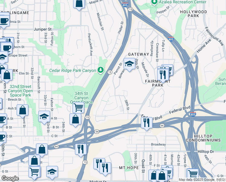 map of restaurants, bars, coffee shops, grocery stores, and more near 1630 Parrot Street in San Diego