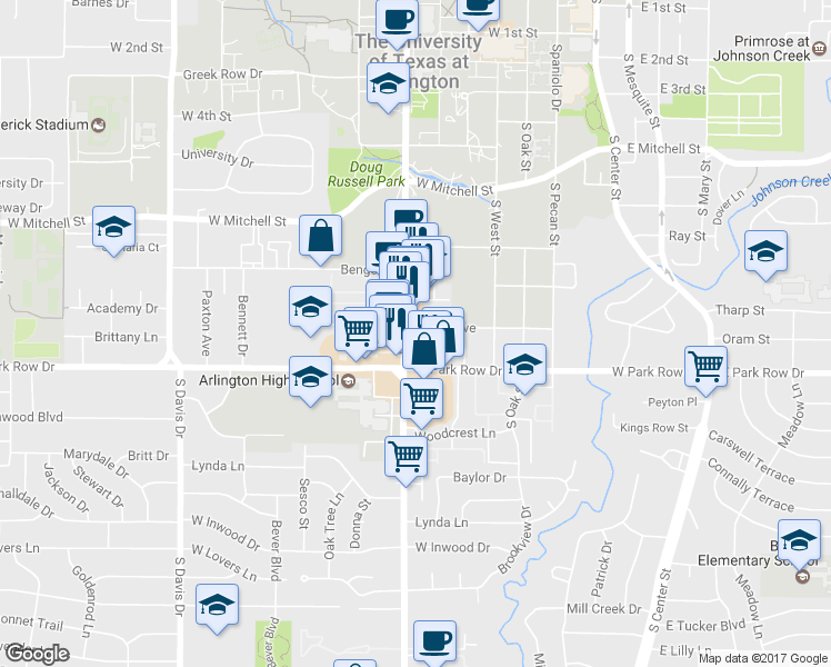 map of restaurants, bars, coffee shops, grocery stores, and more near 1401 South Cooper Street in Arlington