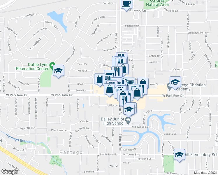 map of restaurants, bars, coffee shops, grocery stores, and more near 2613 West Park Row Drive in Arlington